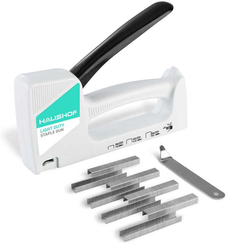 HAUSHOF Light Duty Staple Gun, Upholstery Staple Gun with 800PCS JT21 Staples and Stapler Remover, Fits JT21 Staple of 1/4'', 5/16'' & 3/8'', Used for Wood, Classroom, Crafts, DIY, Decoration (White) - Image 1